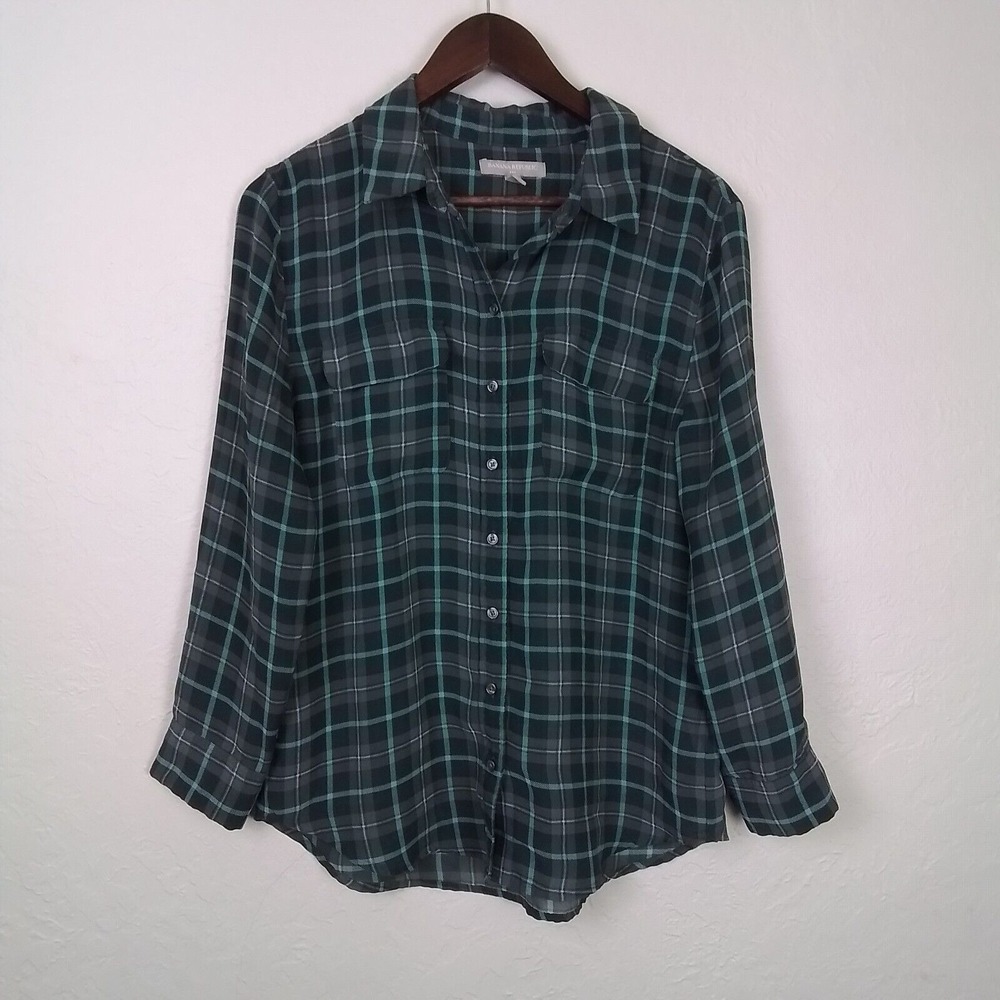 Banana Republic Petite M Green Grey Plaid Button Down Shirt Long Sleeve Normcore